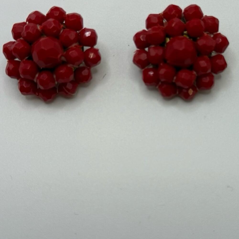 Vintage Red Beaded Clip On Earrings